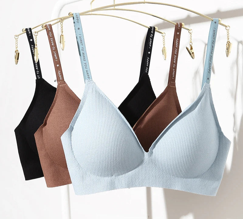 Women's 3/5Pcs/set Wireless Bra Deep V Padded Bralette Stripe Knitting Bras