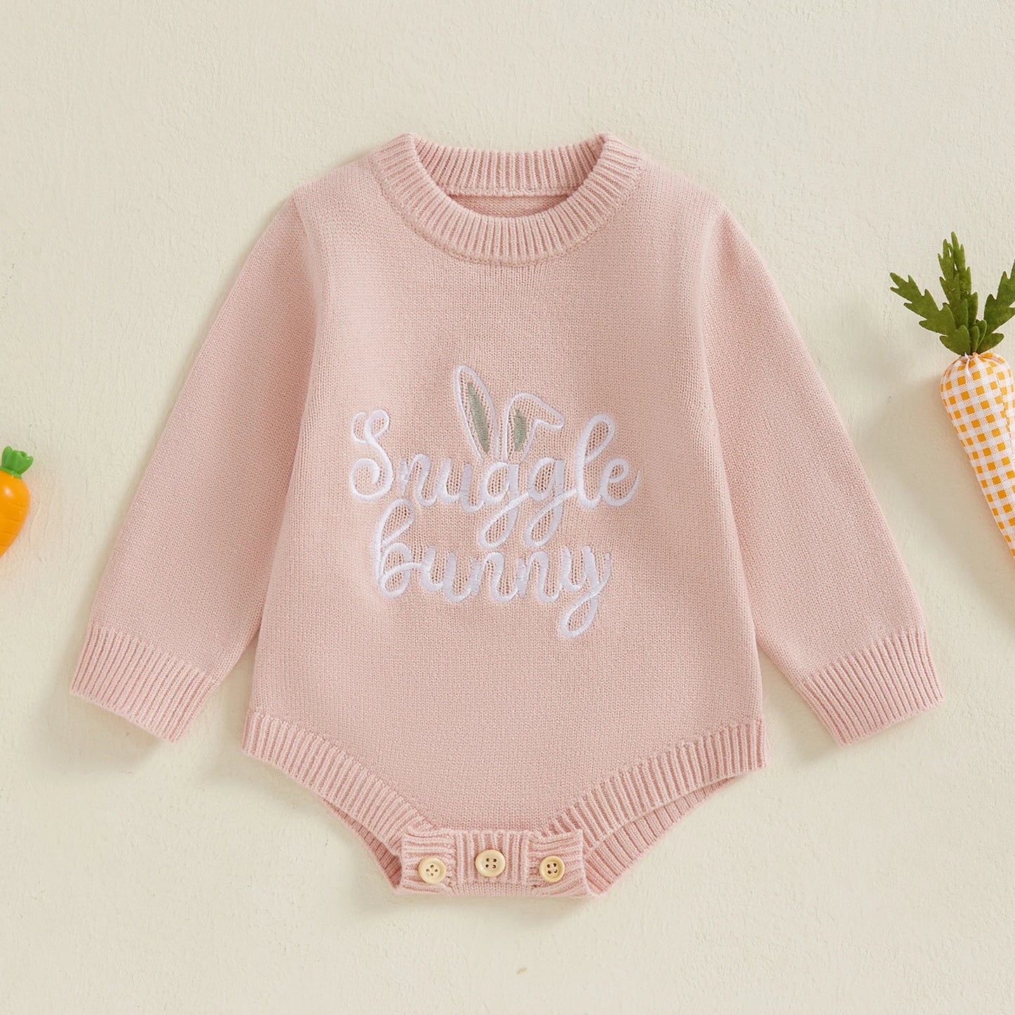 Baby Unisex Knit Long Sleeve Romper | Letter & Rabbit Festival Print | O-Neck | Covered Button | Cotton Blend | All Seasons | 3–18 Months