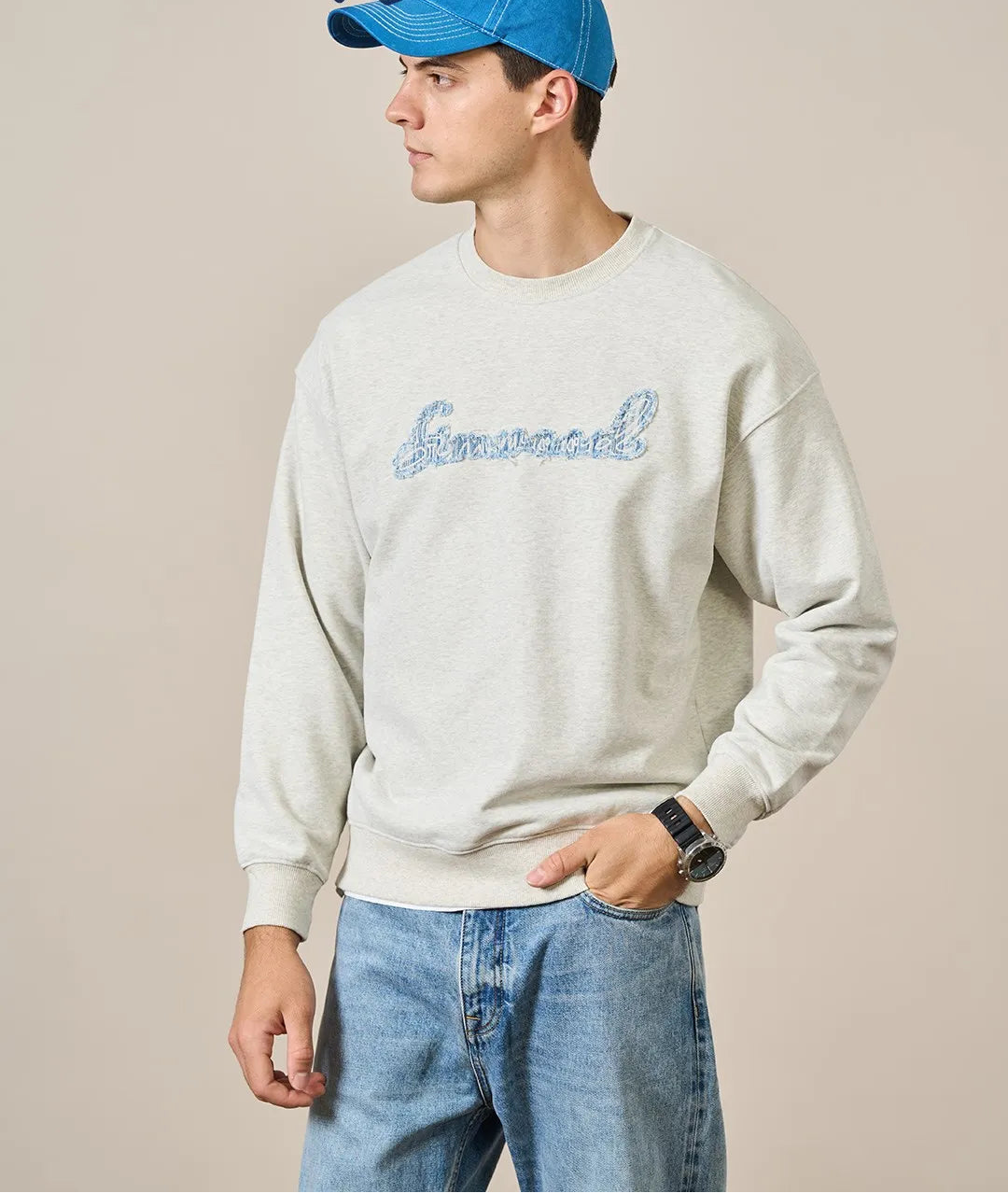 Men's Heavyweight Oversized Letter Embroidery Sweatshirt – 390g Cotton Pullover