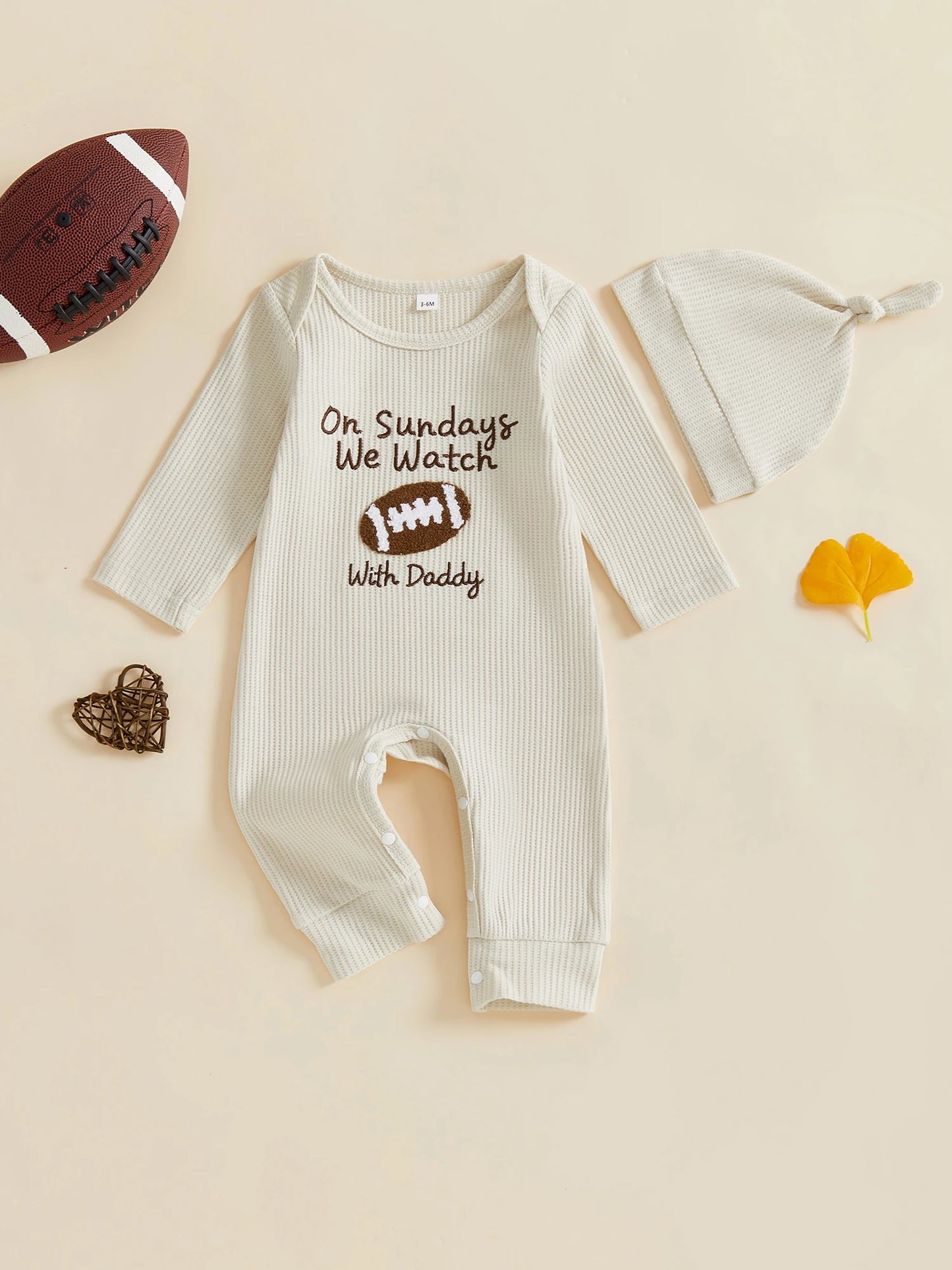 Newborn Baby Football Romper with Hat - Letter Embroidery Long Sleeve Full Length Jumpsuit
