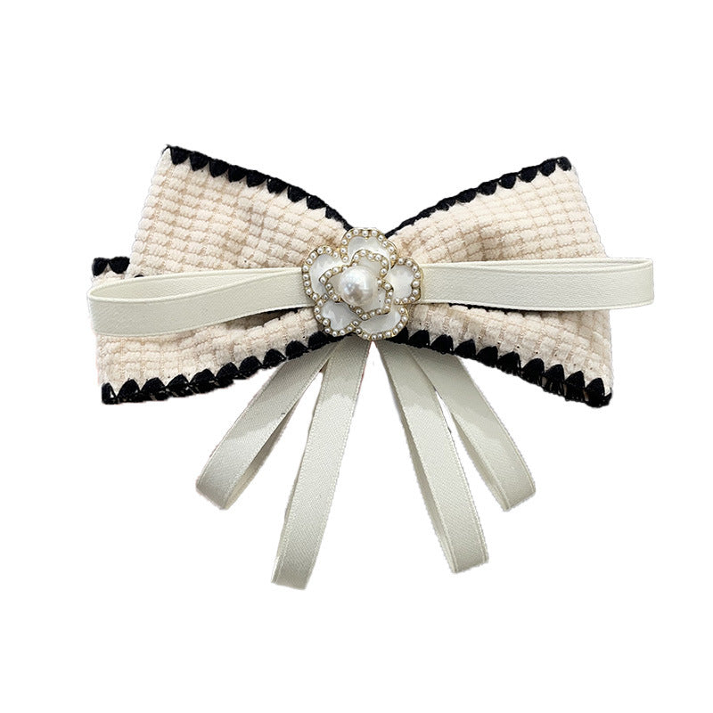 Retro Fabric Bow Tie Camellia Pearl Brooch - Women's Shirt Sweater Collar Pin Necktie