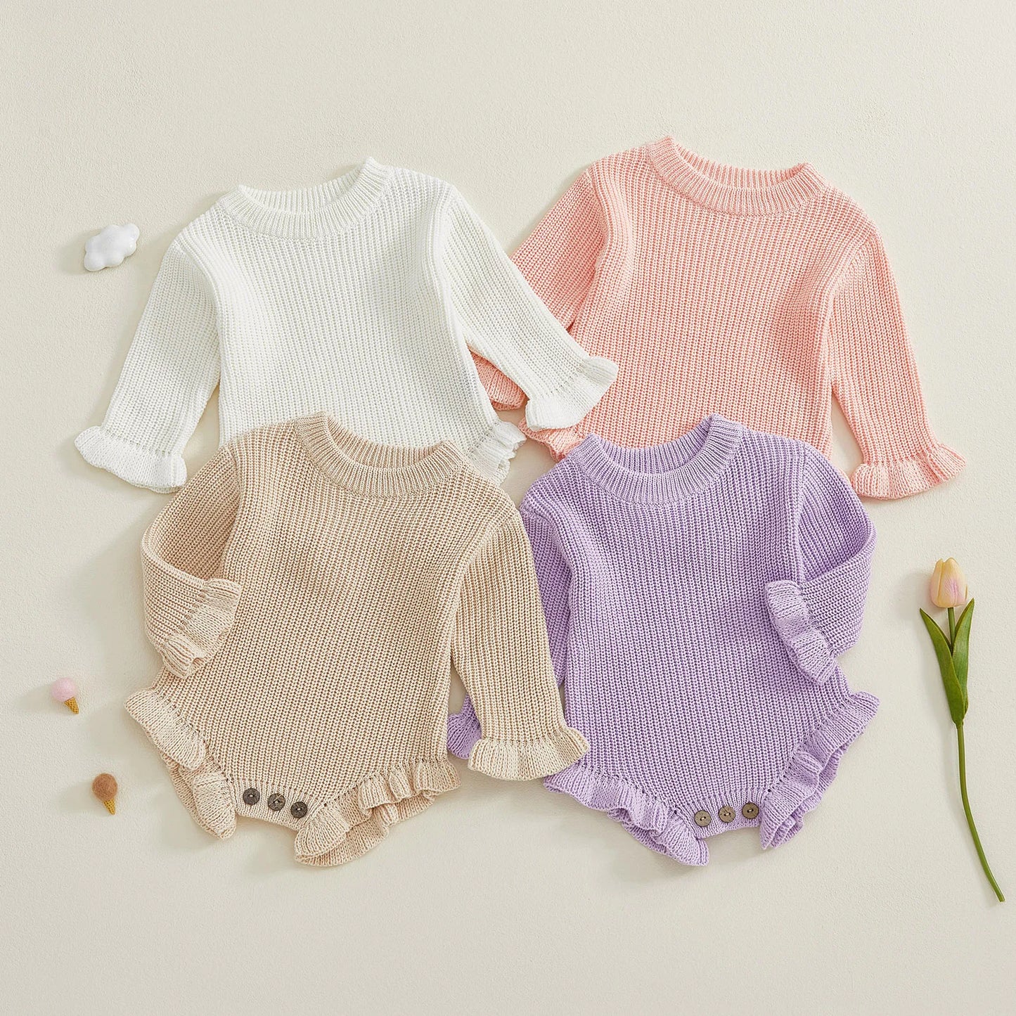 Newborn Baby Knit Romper - Long Sleeve Round Neck Ruffled Sweater Jumpsuit