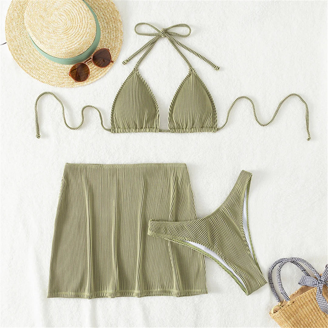 4 Colours With Skirt Ribbed Three-pieces Halter Bikini Set