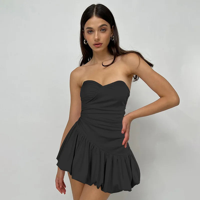 Women's Strapless Folds A-Line Hem Sleeveless High Waisted Backless Dress