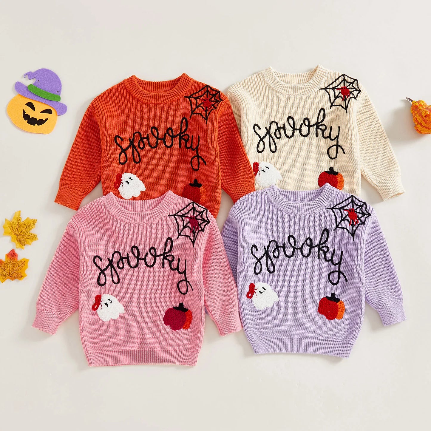 Baby Halloween Knit Sweater - Letter Ghost Pumpkin Spider Web Embroidery