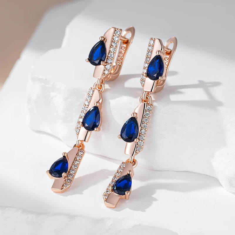 Women's 585 Rose Gold Colour Blue Natural Zircon Geometry Long Dangle Earrings