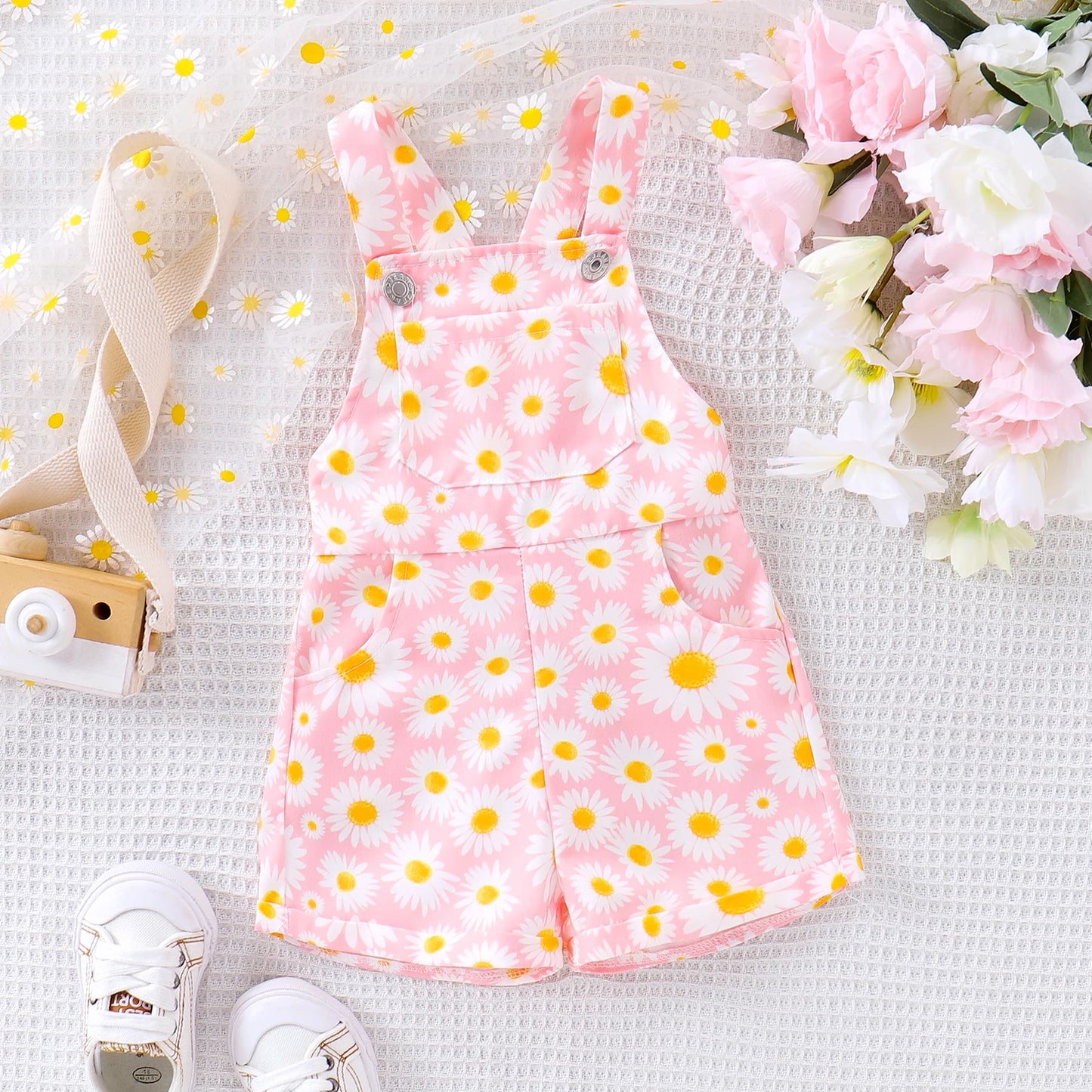 0-4Y Toddler Kids Girls Overalls Rompers Sleeveless Strap Sunflowers Print Buttons Pockets Jumpsuit