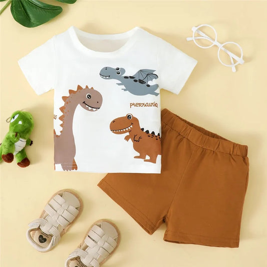 0-3 Years Boy's 2PCS Set Cartoon Dinosaur Print White Short Sleeve Top and Brown Shorts Outfit