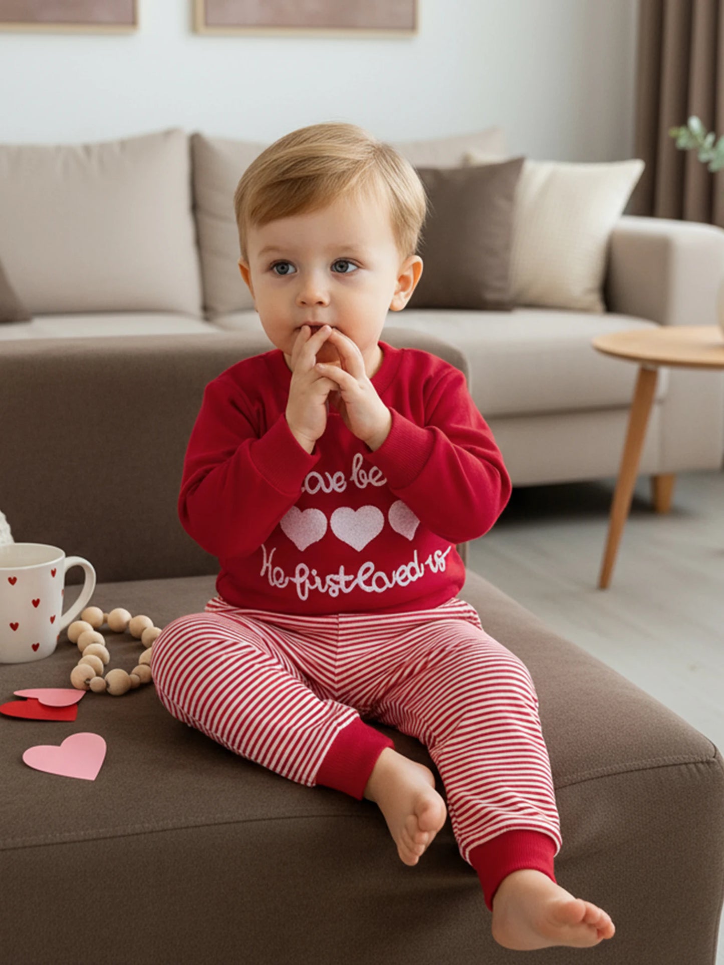 Valentine's Day Baby Boys Outfit Set - Heart Embroidery Sweatshirt & Stripe Pants