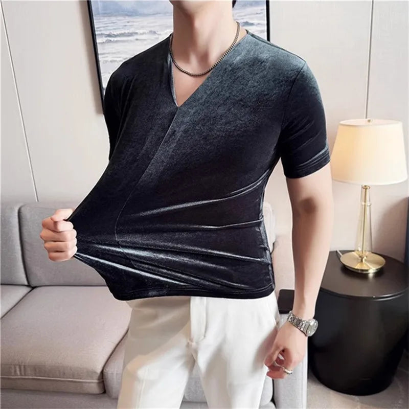 Men's Summer V-Neck Short Sleeve Elastic Slim Fit Breathable T-Shirt