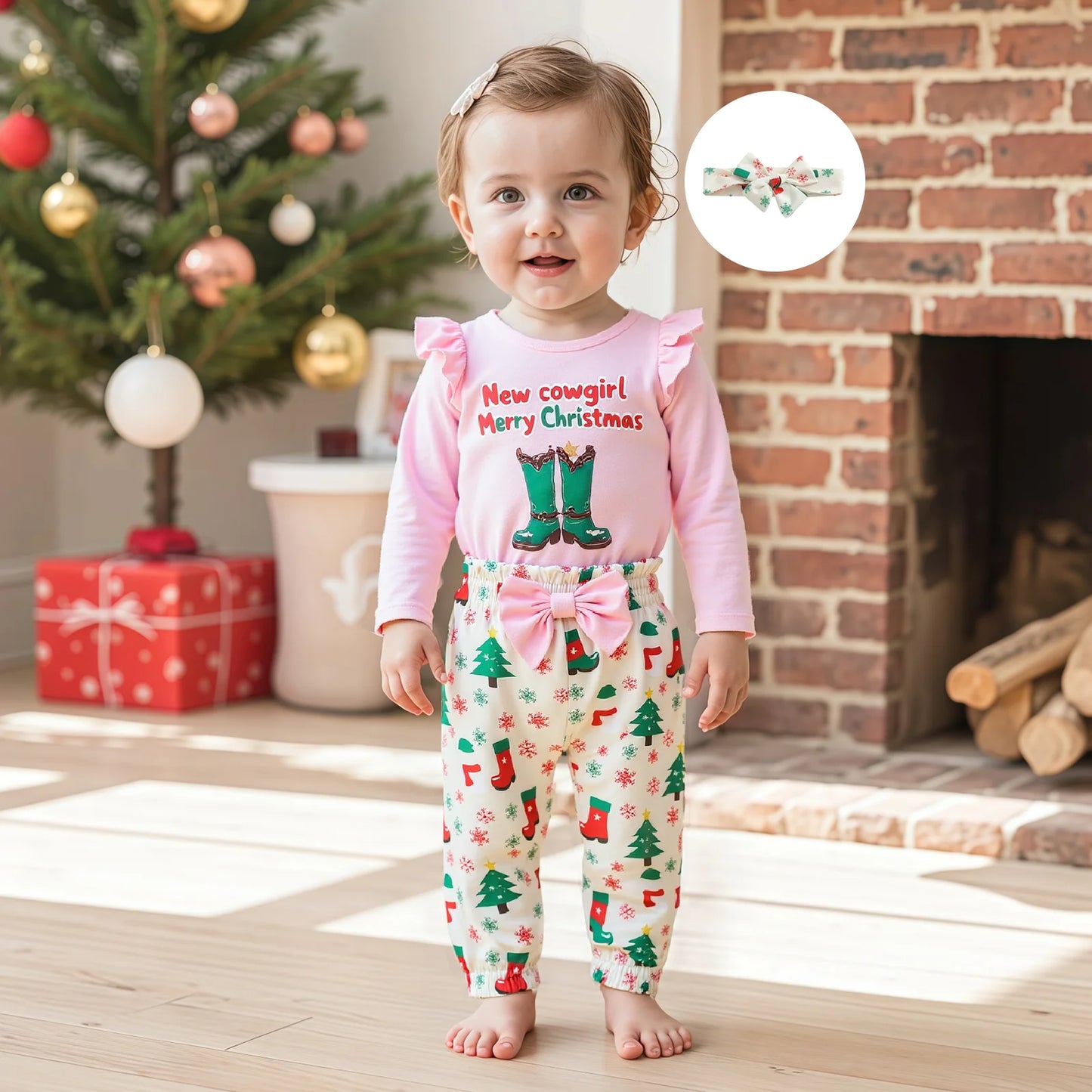Baby Girls Christmas Outfit Set - 3-Piece Letter Long Sleeve Romper, Pants & Bow Headband (0-18M)