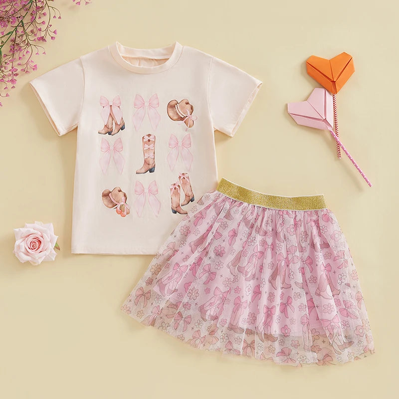 2pcs Kids Girls Summer Clothes Set Short Sleeve Bow Boots Print T Shirt and Tulle Skirt 0-5Y
