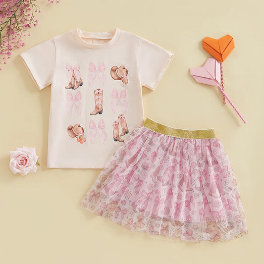 2pcs Kids Girls Summer Clothes Set Short Sleeve Bow Boots Print T Shirt and Tulle Skirt 0-5Y
