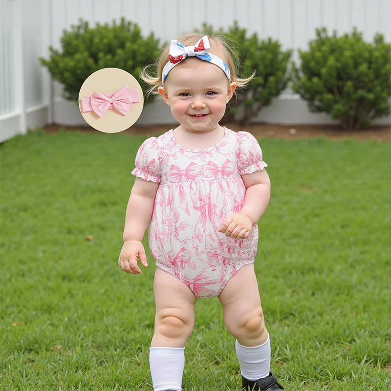 Baby Girls Bow Print Romper with Headband Set (0-18M)