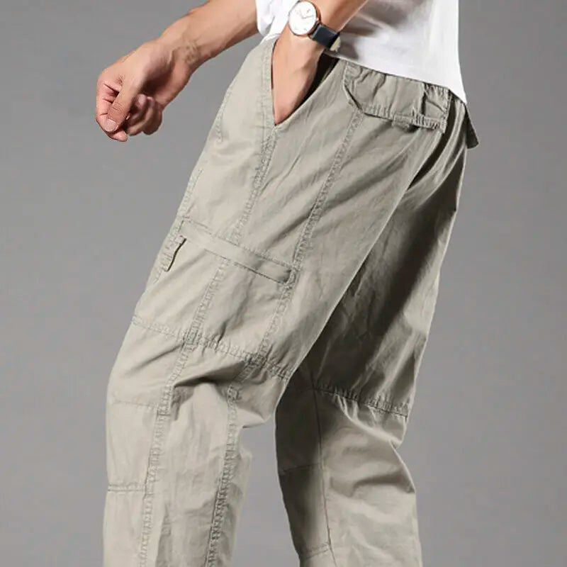 Men's Cotton Cargo Pants - Spring Autumn Multi-Pocket Drawstring Trousers