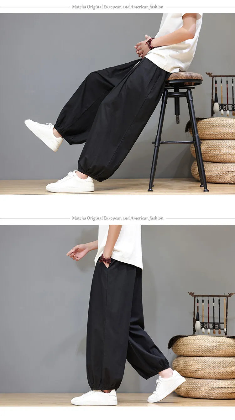 Men's Summer Wide Leg Pants Casual  Breathable Loose Ankle Length  Harem Trousers