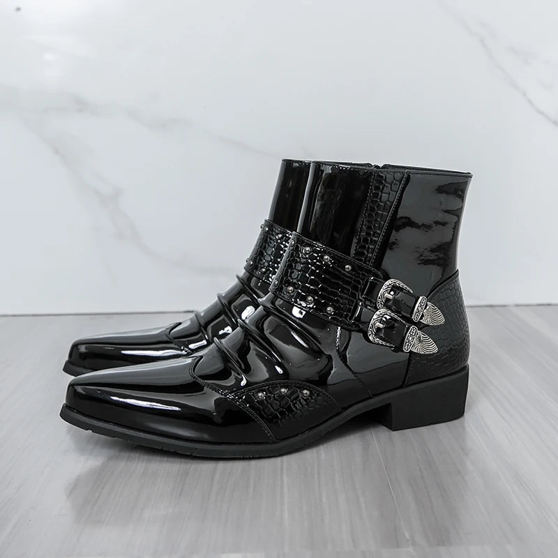 Men's Pointed Toe Motorcycle Boots - Patent Leather Metal Rivet Party Shoes