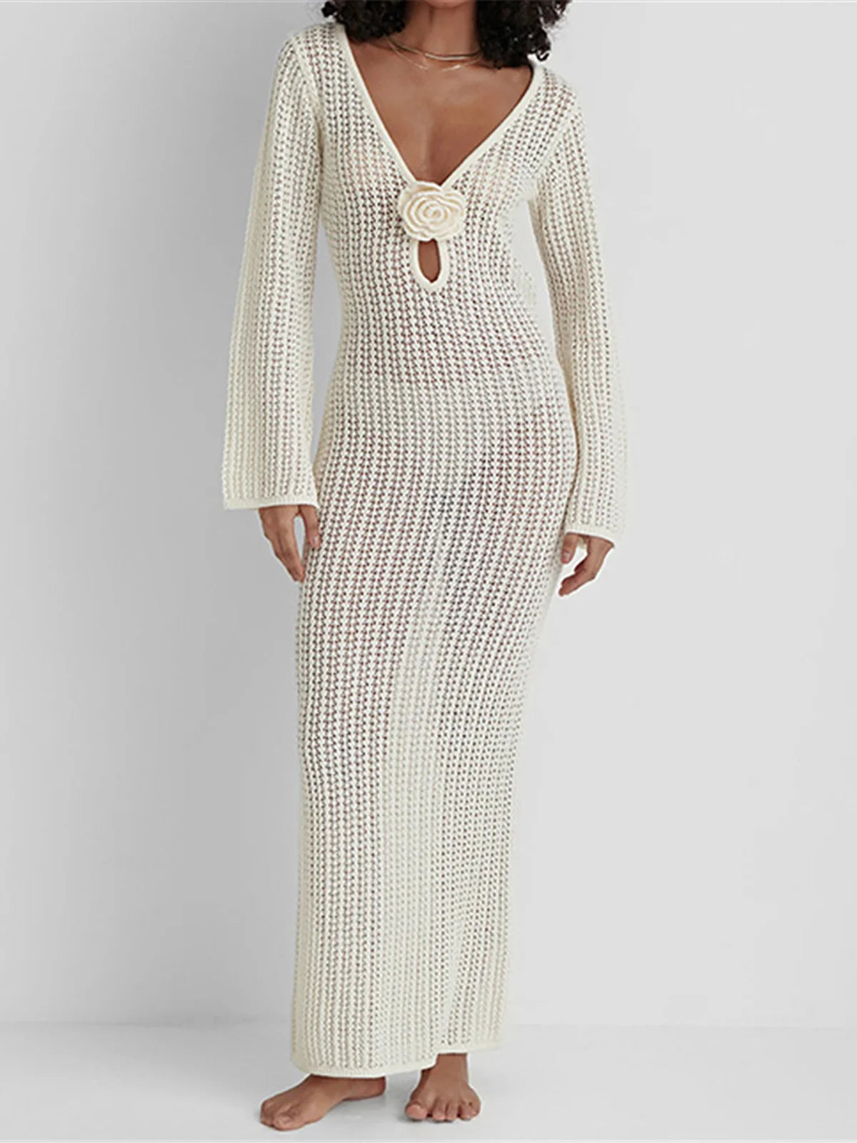 3D Flower V Neck Crochet Knitted Beach Cover Up Tunic