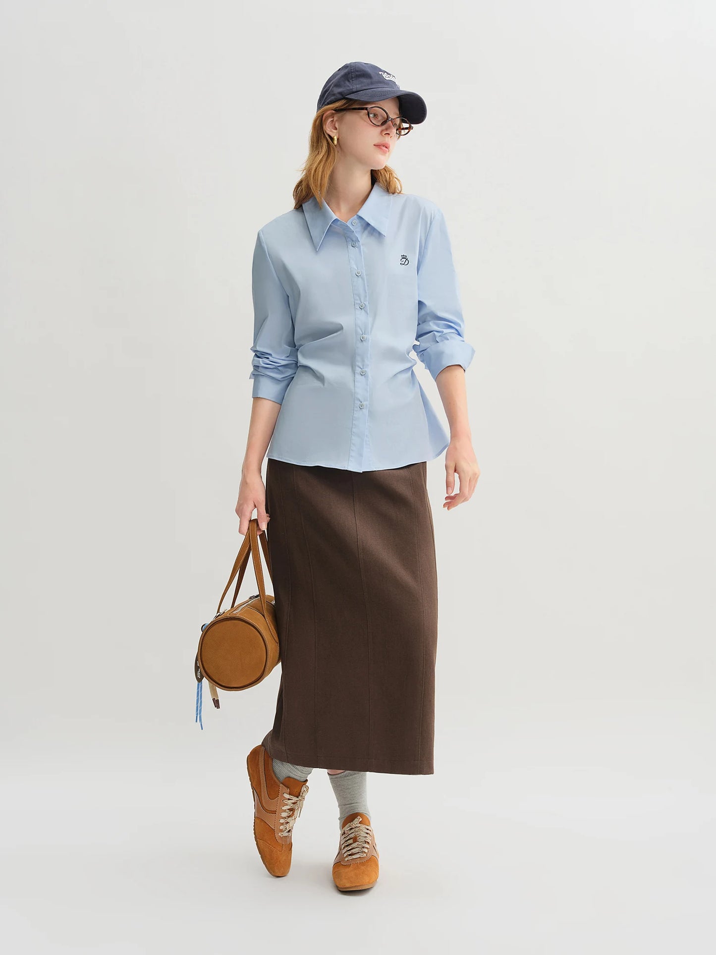 Pleated Tie-Waist Shirt & A-Line Skirt Suit - Tricolour Two-Piece