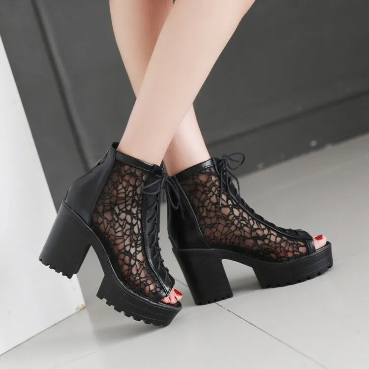 Women's Open Toe Summer Short Back Zipper Leather Mesh Hollow Cool Boots