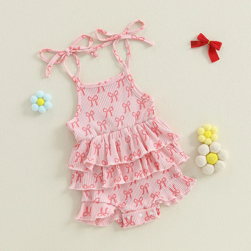 Bow Print Layered Ruffle Spaghetti Strap Baby Romper