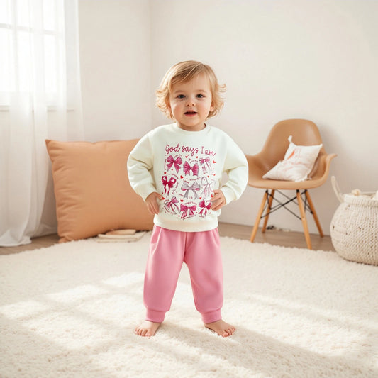 Baby Girls Fall Winter Clothes Set - Bow Letter Print Sweatshirt & Pants (0-3Y)