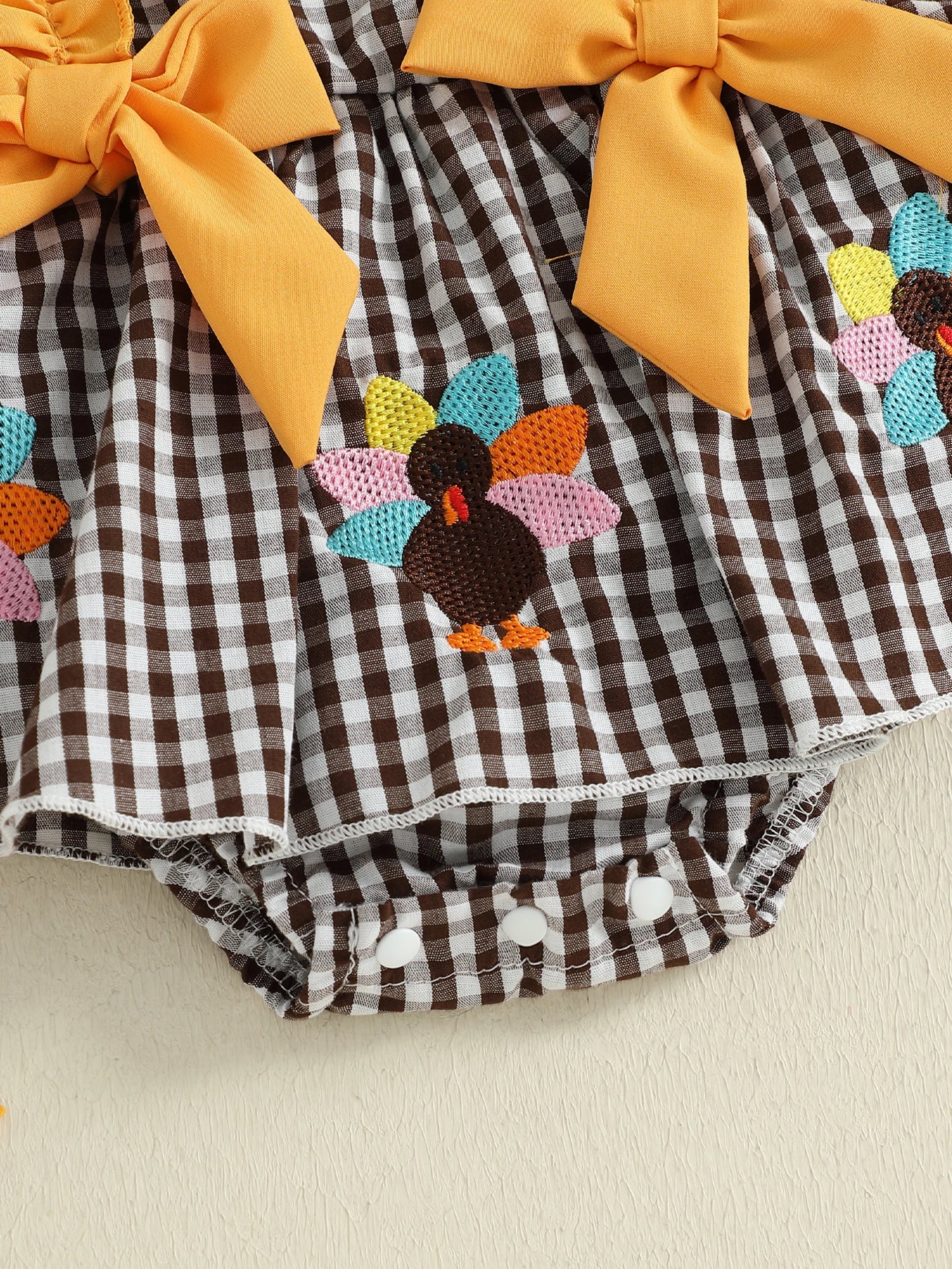 Baby Girls Thanksgiving Romper Dress with Headband - Turkey Plaid Ruffle Long Sleeve Jumpsuit
