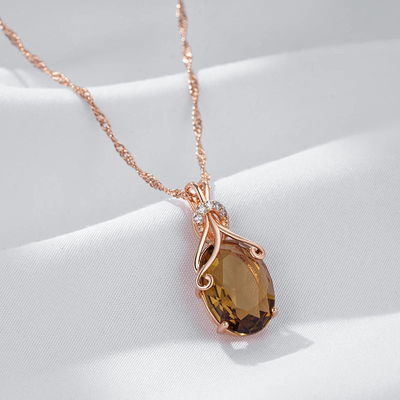 Women's 585 Rose Gold Colour Oval Light Brown Natural Zircon Pendant Necklace