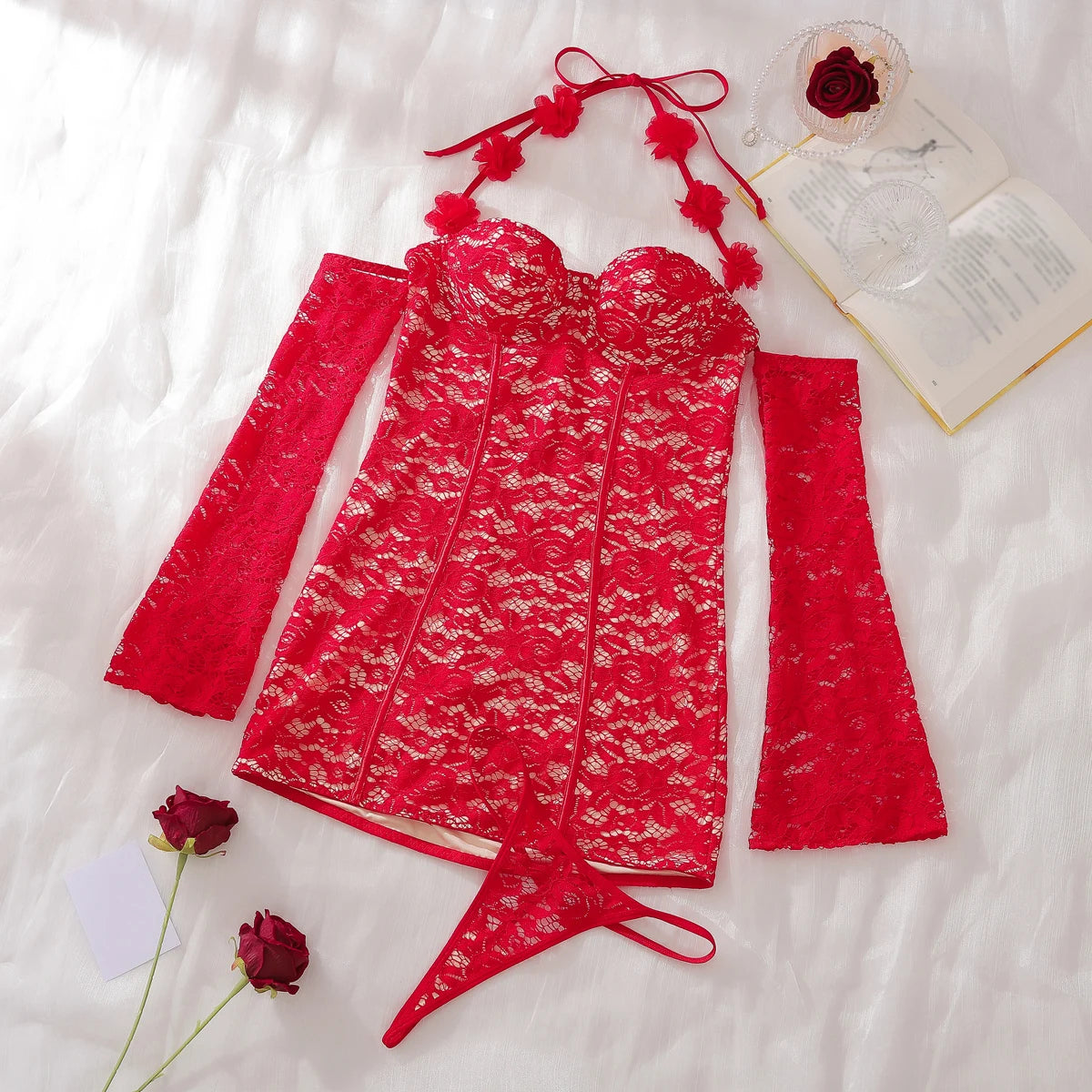 Women's Lace Summer Flare Sleeve Short Halter Floral Dress