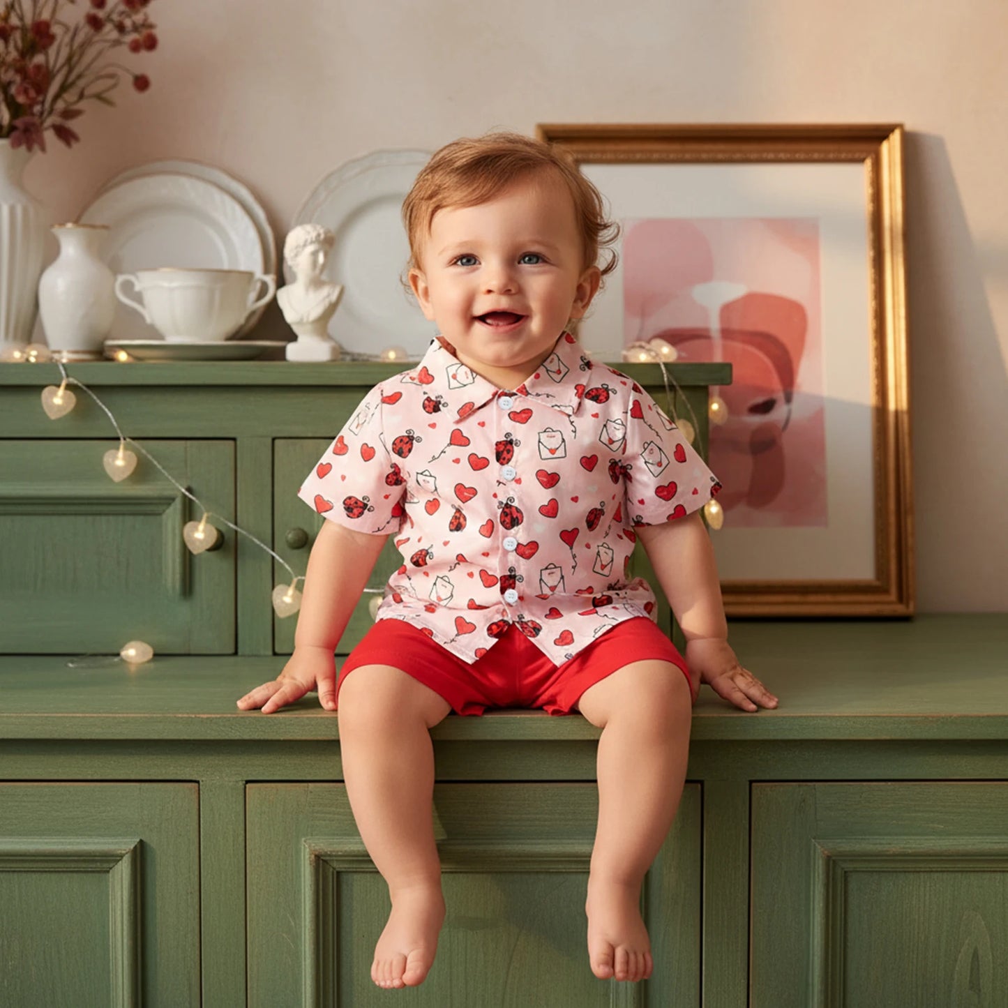 Toddler Boys Valentine's Day Gentleman Outfit Set - Heart Print Shirt & Shorts 1-5Y