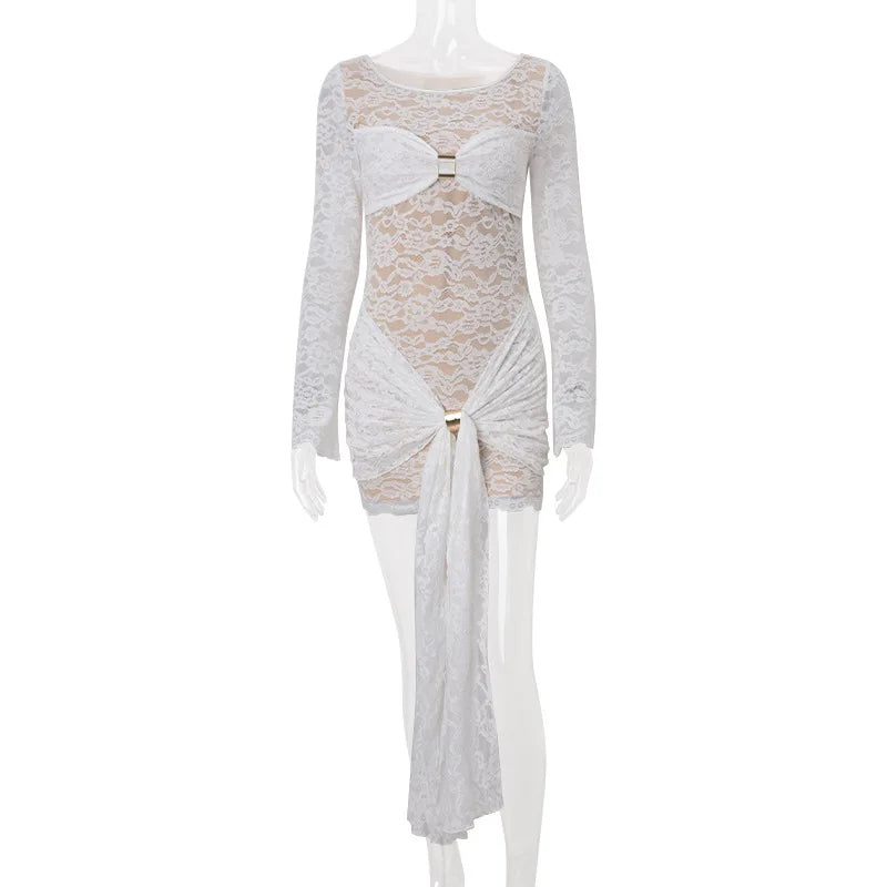 Women's Embellished Lace Hollow Out Mini Dress - Flare Sleeve See Through Wrap