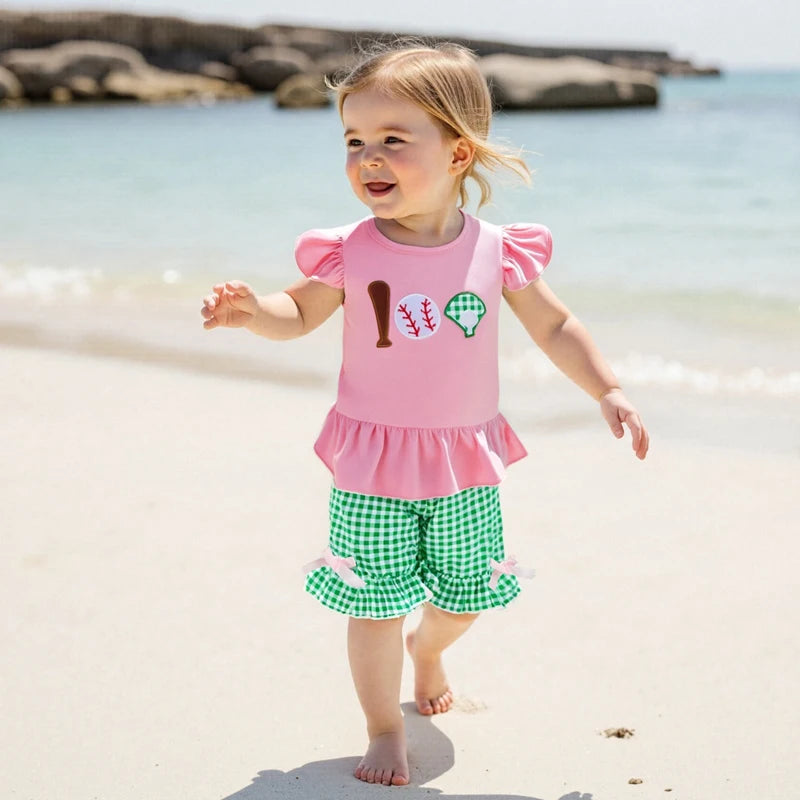 Baby Girls Summer Clothes Set - Baseball Embroidery Ruffle T-Shirt & Shorts