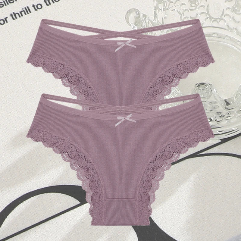 Women's Cotton Panties - 2 Pack Lace Brazilian Briefs Low-Waist