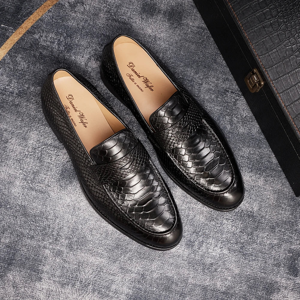 Men's Genuine Leather Snake Pattern Loafers – Pointed Slip-On Dress Shoes