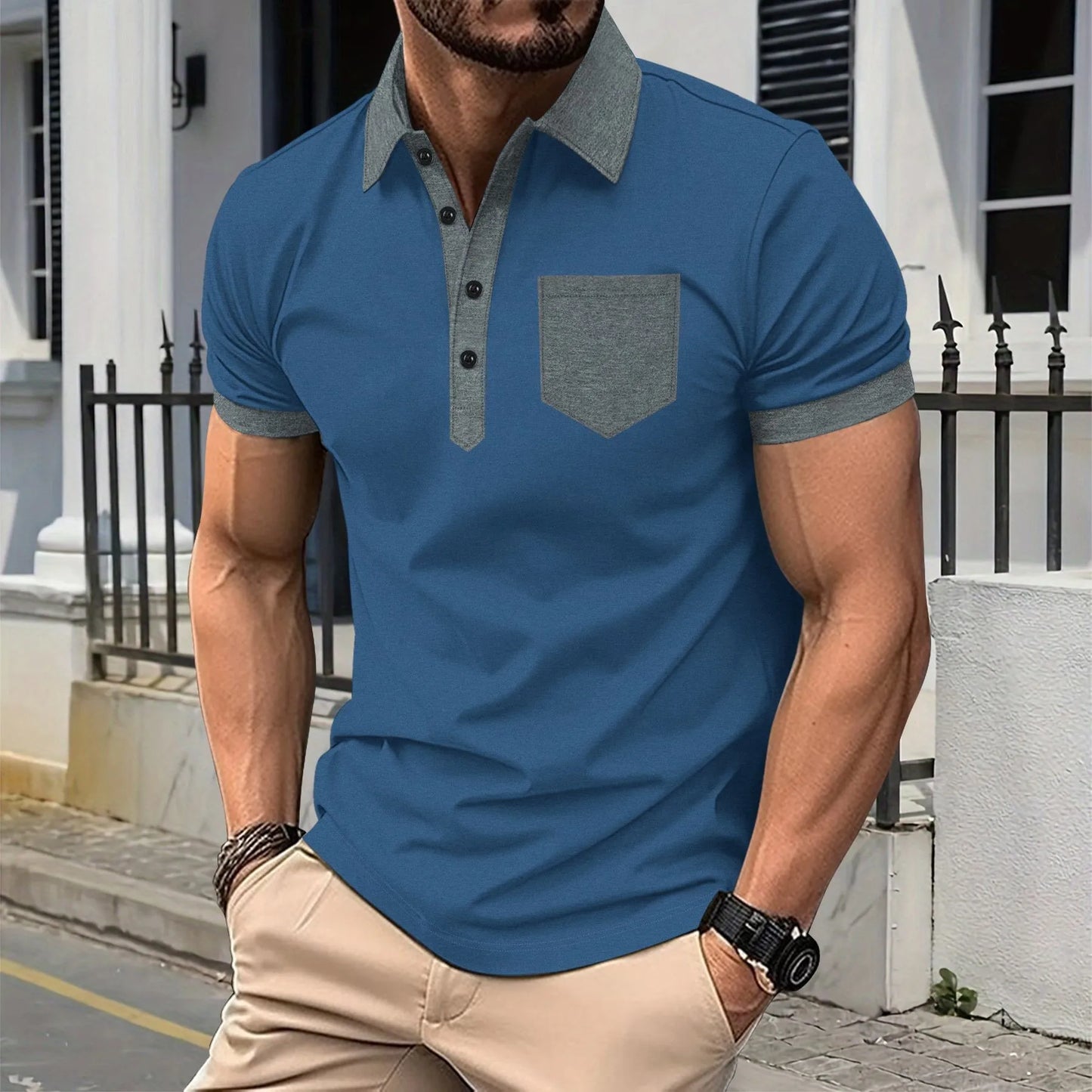 Men's Summer Short Sleeve Patchwork Turn Down Collar Smart Casual Polo Shirt
