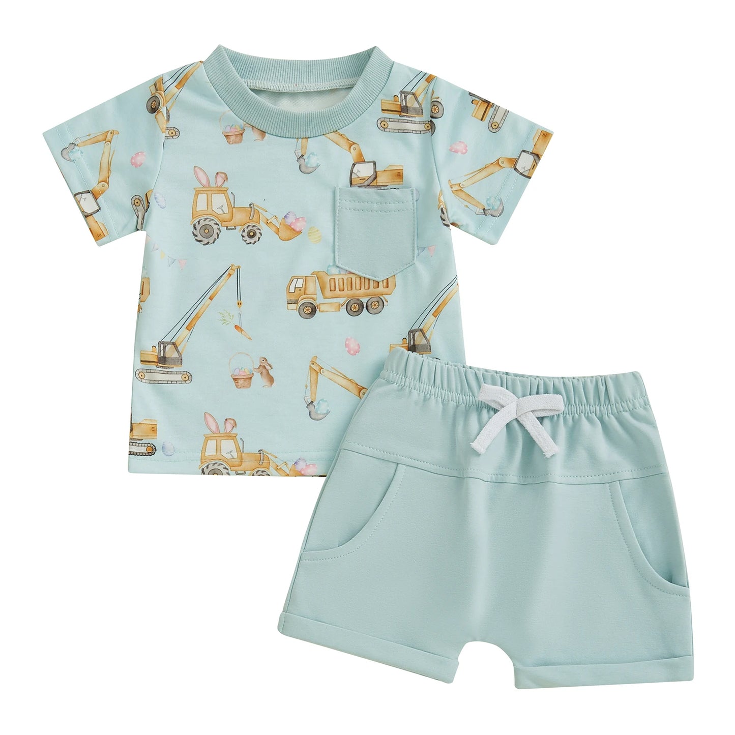 Boys' Excavator Print Summer Outfit Set - Short Sleeve Top with Elastic Waist Shorts