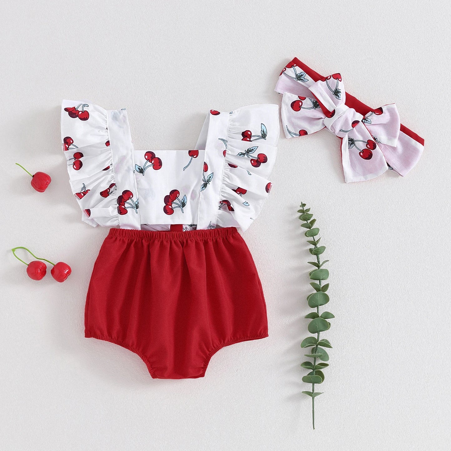 0-18M  Baby Girls Summer Romper Sets Ruffles Fly Sleeve Fruit Print Backless Jumpsuits