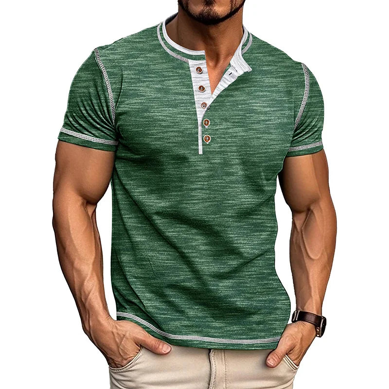 Men's Summer Henry Collar Patchwork Short Sleeve Casual Breathable Pullover T-Shirt