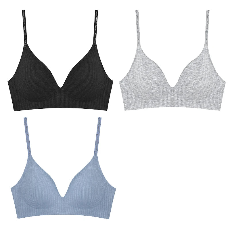 Women's 3/5Pcs/set Wireless Bra Deep V Padded Bralette Stripe Knitting Bras