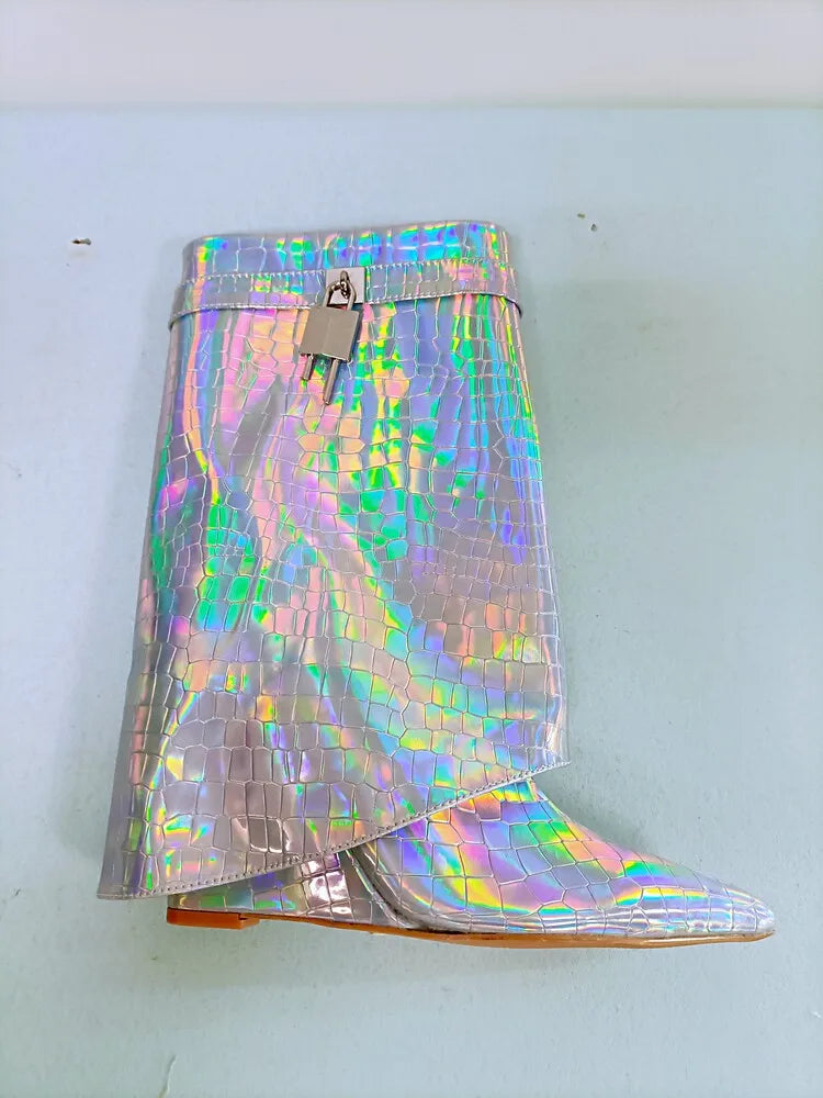 Women's Wedge Leather Mid-Calf Boots - 10cm Heel Metal Buckle Boots