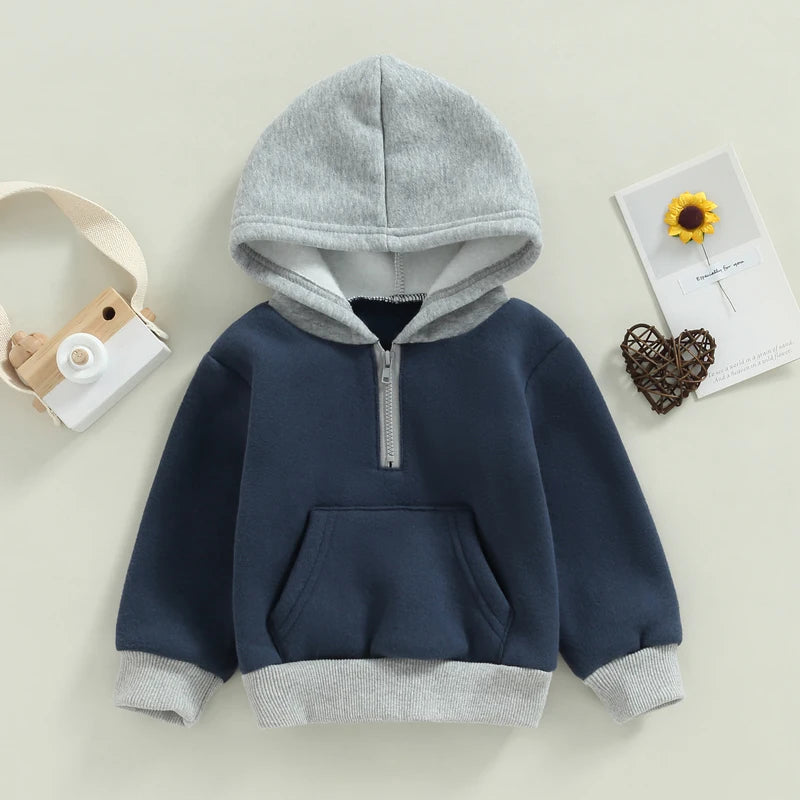 0-3Y Toddler Baby Boys Contrast Colour Long Sleeved Half Zipper Thick Warm Pocket Hoodie