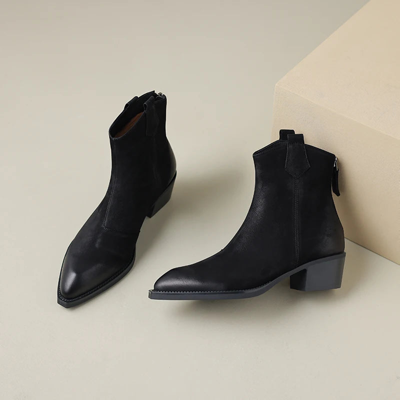 Women's Short Genuine Leather Thick Heels Pointed Toe Ankle Boots