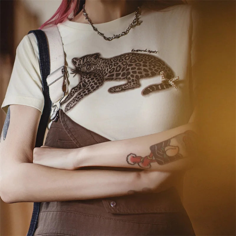 Women's Animal Print Short Sleeve T-Shirt - Vintage Crew Neck Tee