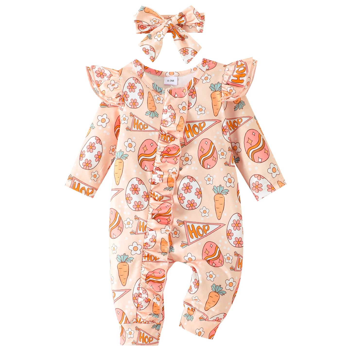 Newborn Baby Easter Jumpsuit - Long Sleeve Rabbit Egg Print Romper with Headband