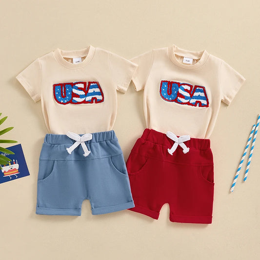 0-3Y Infant Baby Boys Clothes Set 2pcs Short Sleeve USA Letters Embroidery T-shirt with Shorts Outfit