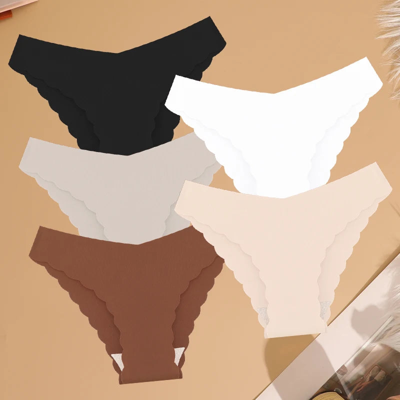 Women's 5Pcs Ice Silk Ruffles Underwear V Waist Panties Seamless Low-Waist Briefs  Comfortable Lingerie