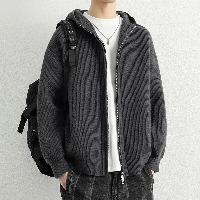 Hooded Zip Knit Sweatercoat - Casual Loose Fit Cardigan