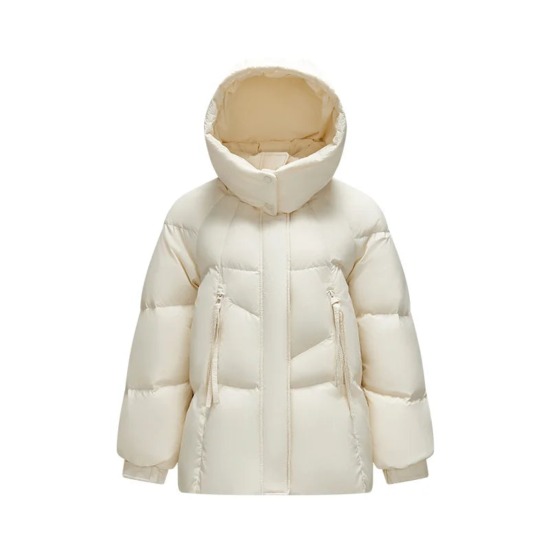 Mid-Length Loose Fit Hooded Down Jacket - Women's Textured Winter Coat
