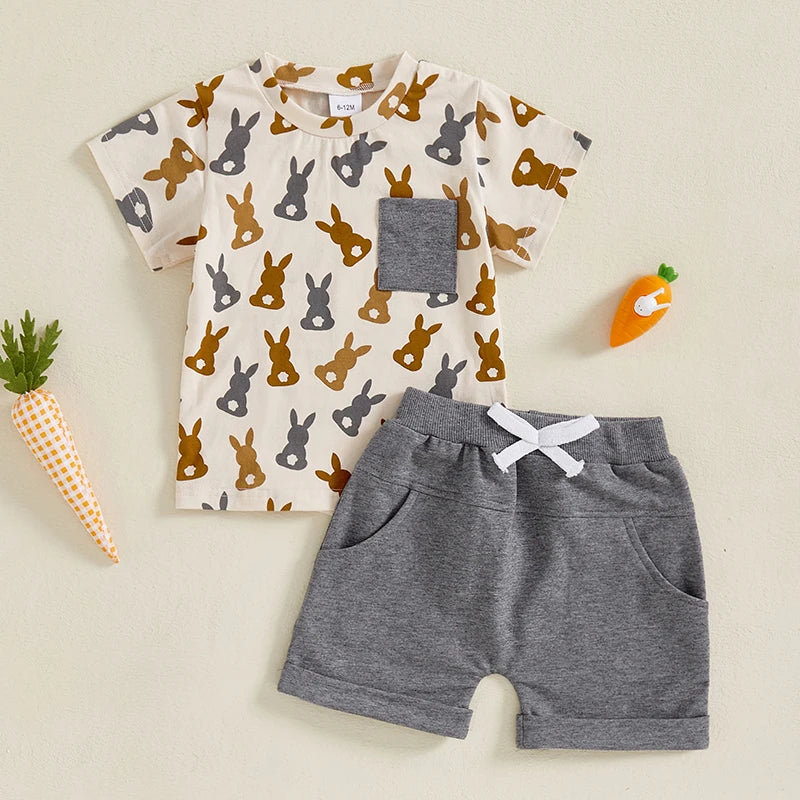 Toddler Baby Boys' Easter Outfit Set - Rabbit Print Short Sleeve T-Shirt & Shorts with Pockets 2pcs