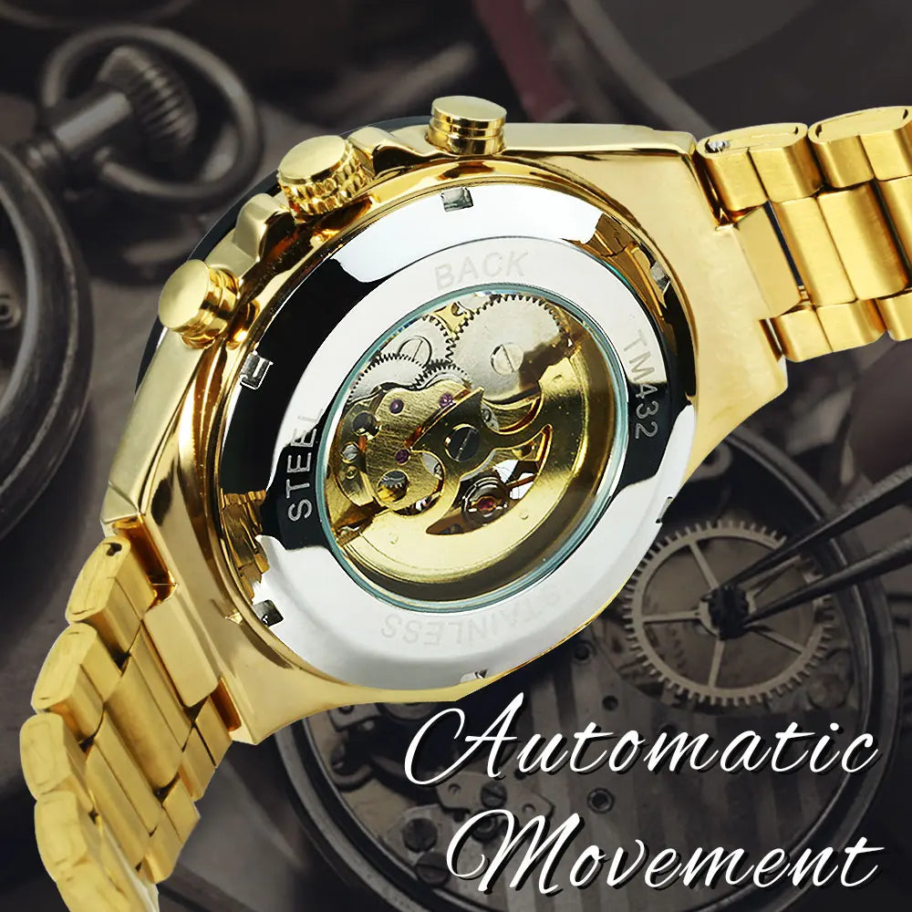 Men Mechanical Wristwatches Skeleton Watch Golden